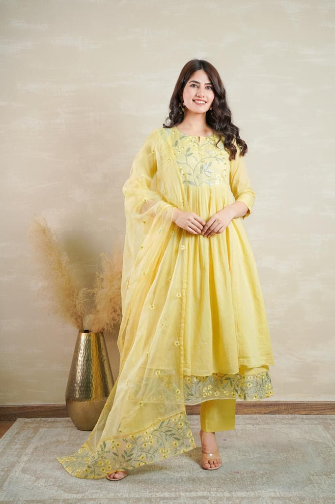 Beautiful Yellow Mul Cotton Kurti Set with Organza Dupatta