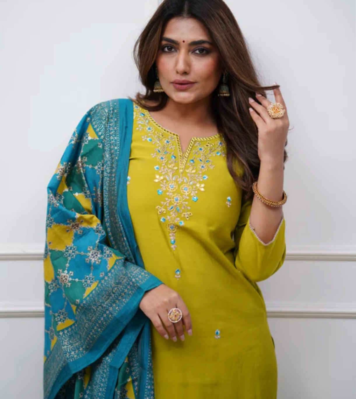 Elegant Lime Green Muslin Silk Duppata Set With Embroidery Detailing