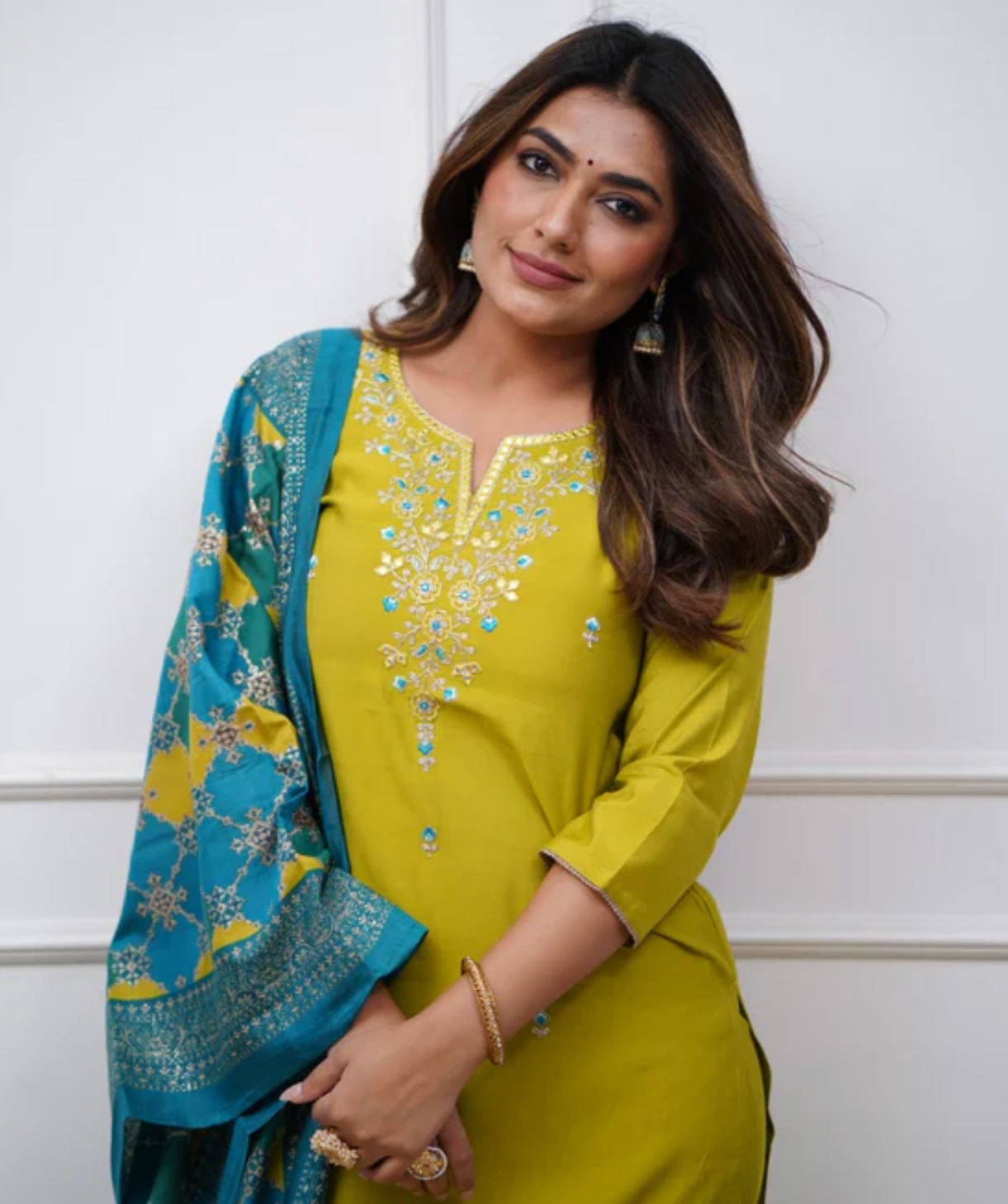 Elegant Lime Green Muslin Silk Duppata Set With Embroidery Detailing