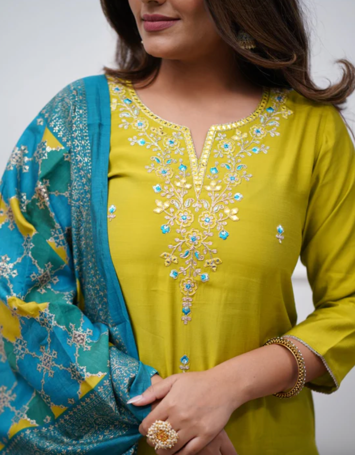 Elegant Lime Green Muslin Silk Duppata Set With Embroidery Detailing