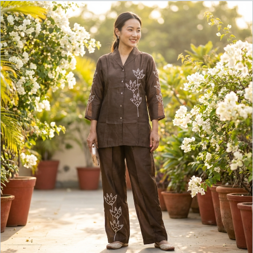 Solid Floral Cord Work Straight Fit Co-ord Set in Brown