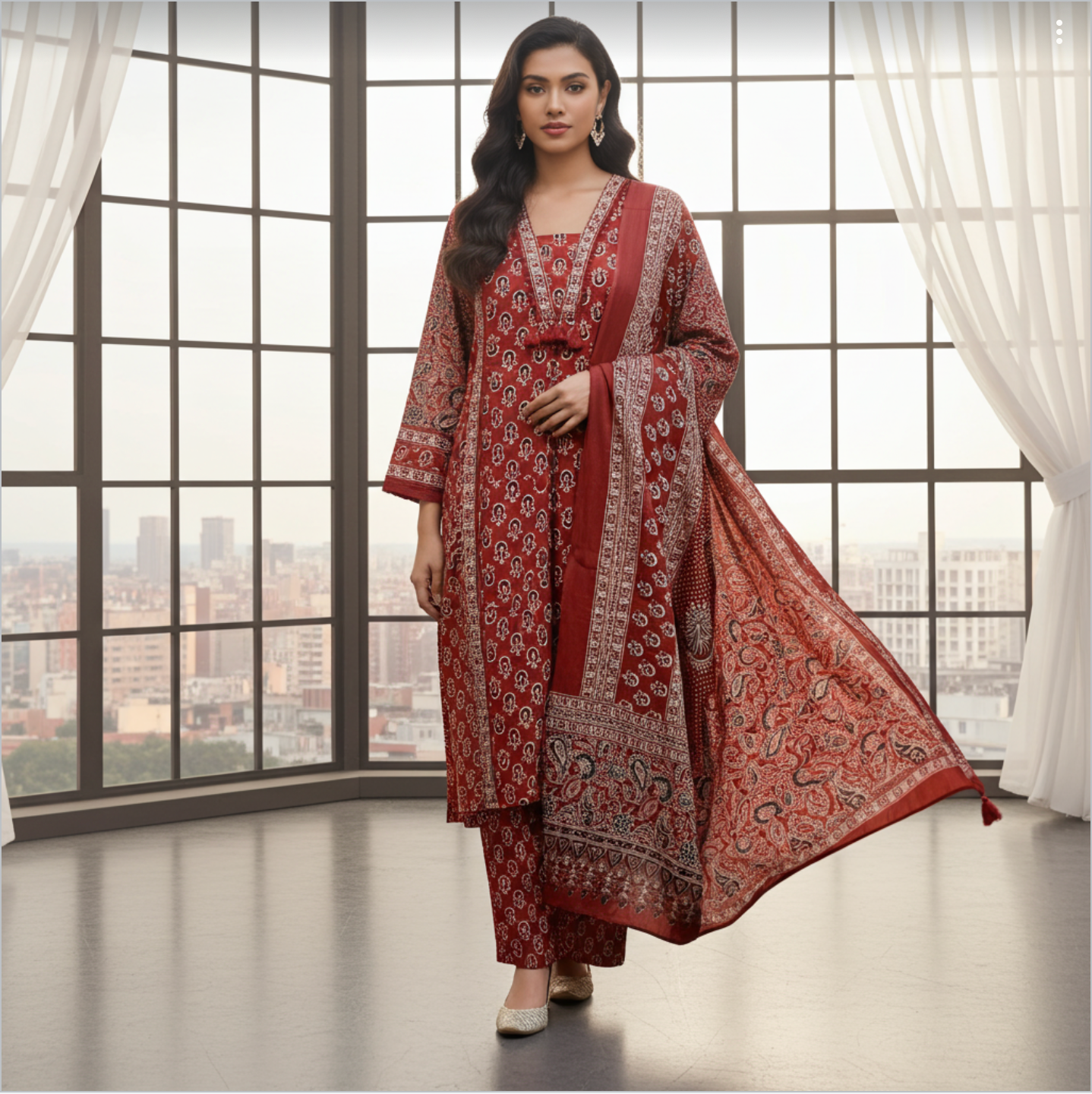 Ajrakh Print Suit Set In Red