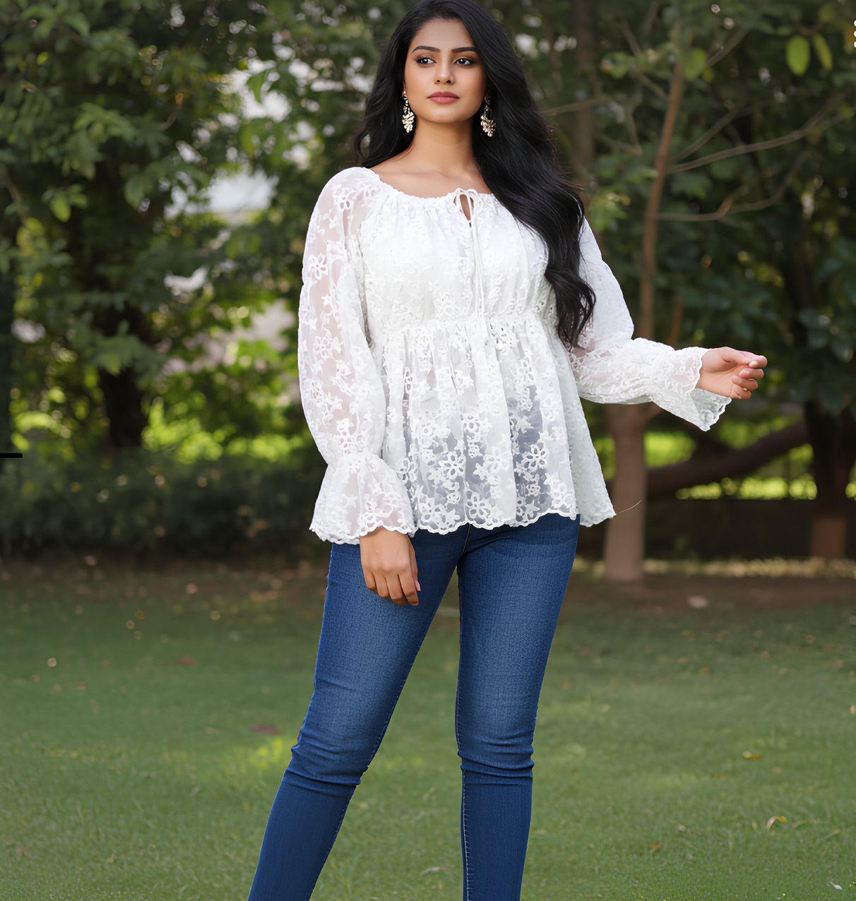 Trendy White Net Lace Sheer Top