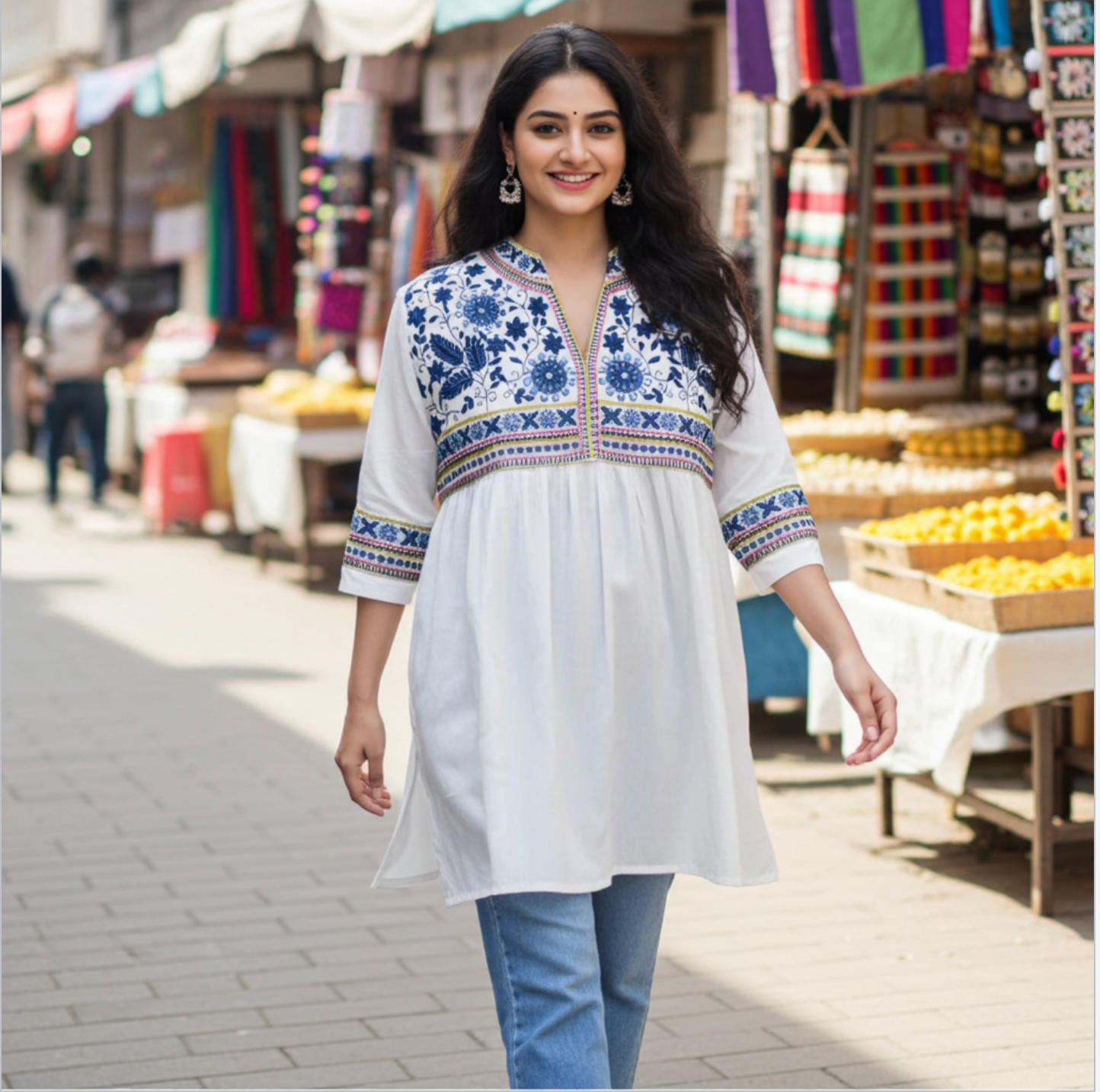 Elegant Cotton Embroidered Short Kurta in White