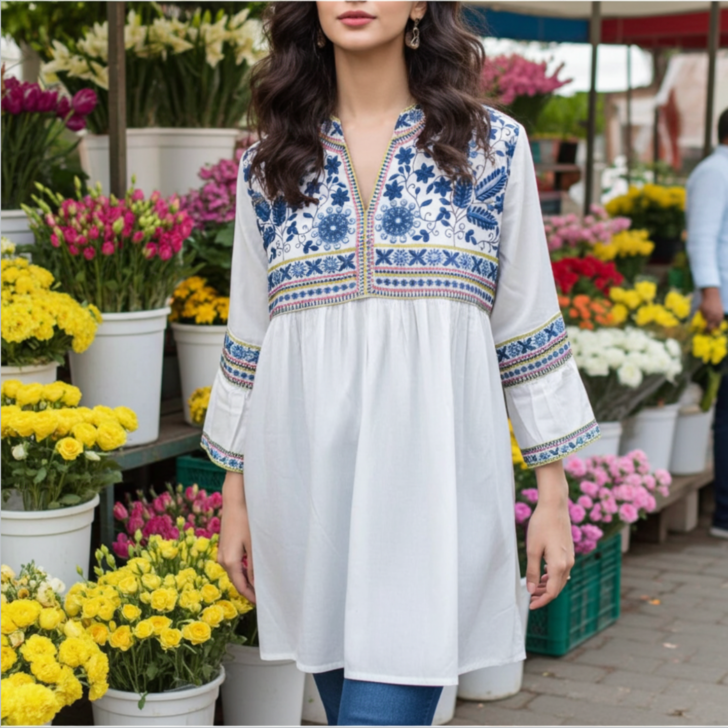 Elegant Cotton Embroidered Short Kurta in White