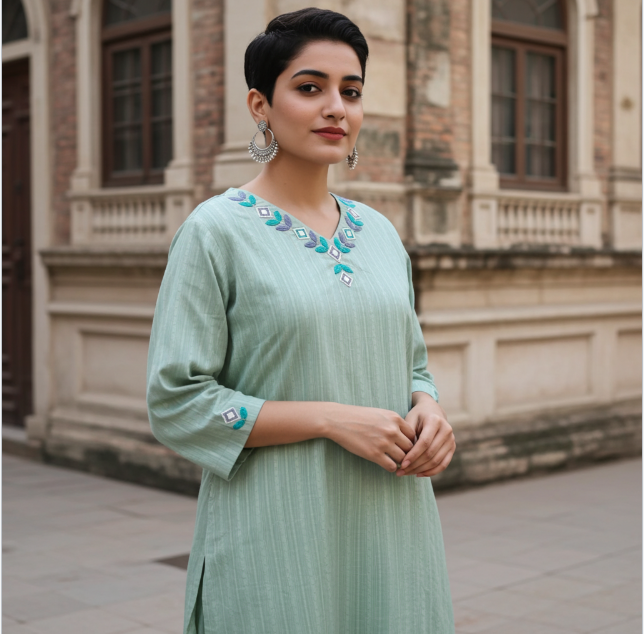 Green Straight Kurta with Printed Pants