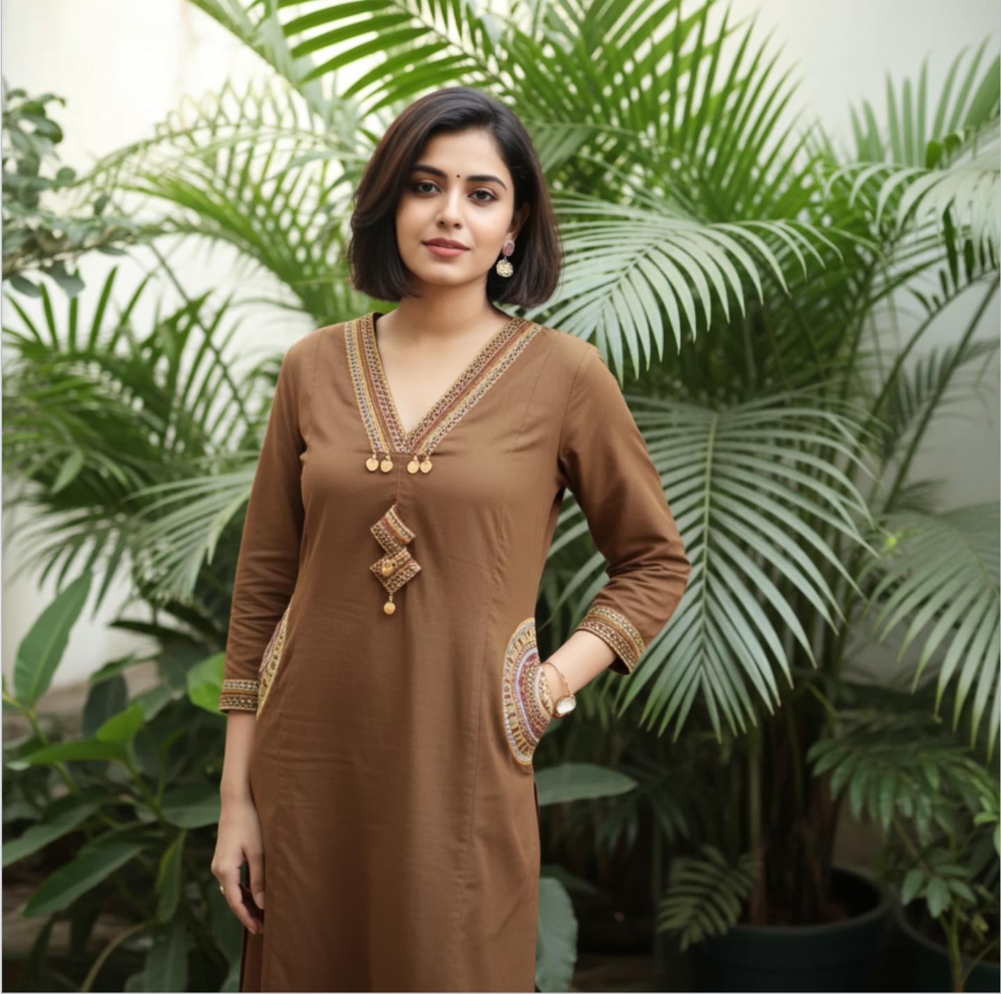 Elegant Gamthi Style Kurti Set in Brown with Pocket Detailing