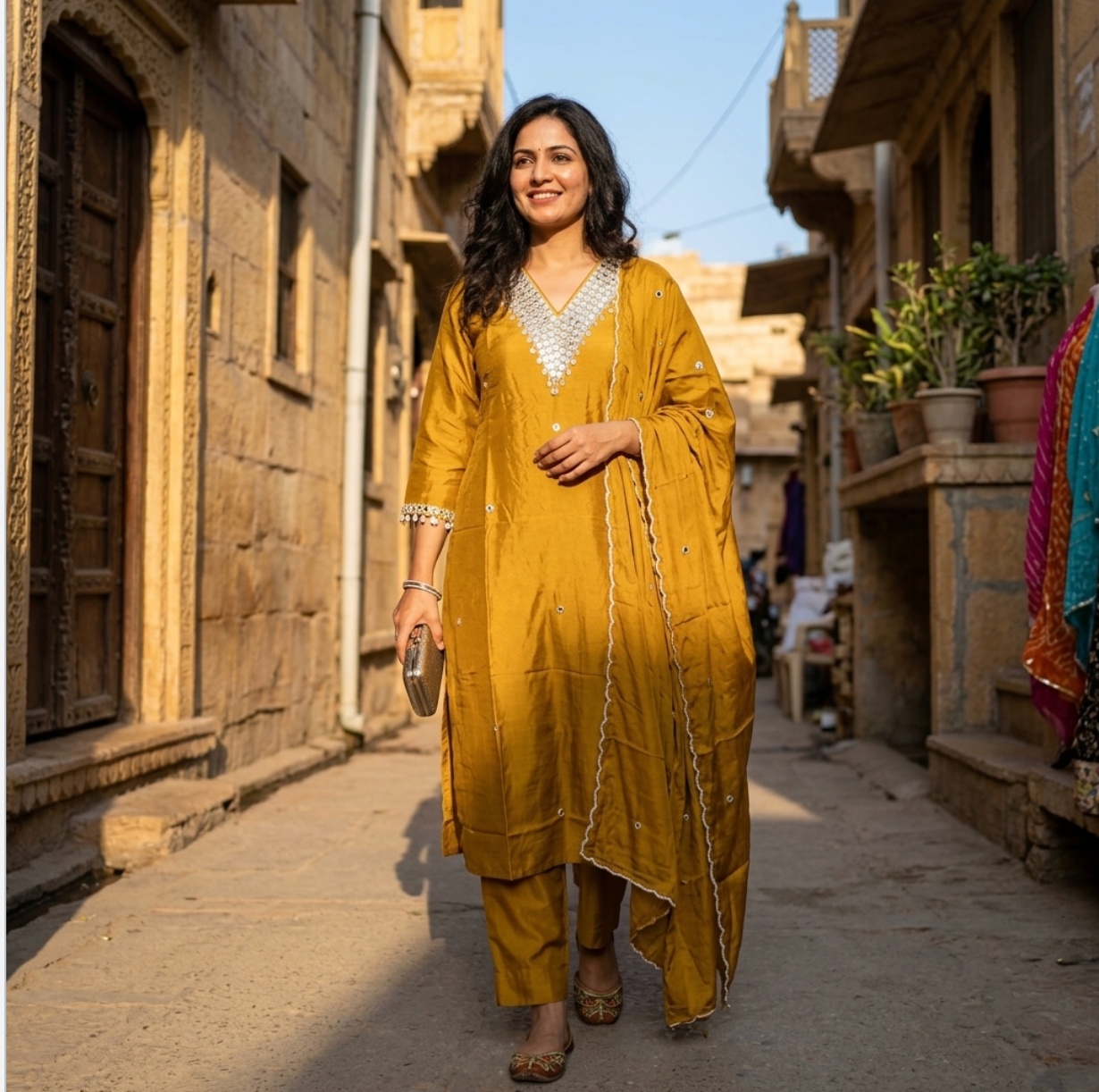 Mustard Yellow Chanderi Silk Kurta Set with Mirror Work Neckline