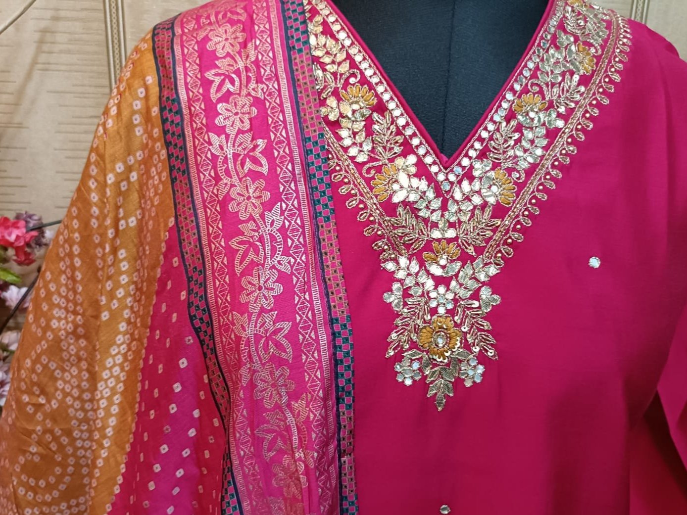 Beautifully Hand worked Premium Muslin Rani Pink Suit