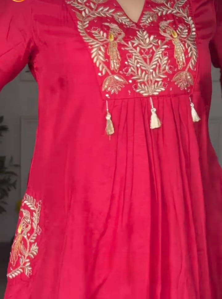 Beautiful Red Embroidered Scarlet Peacock Dola Silk Kurta Suit Set