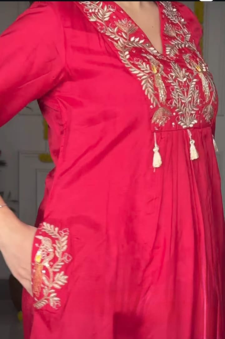 Beautiful Red Embroidered Scarlet Peacock Dola Silk Kurta Suit Set