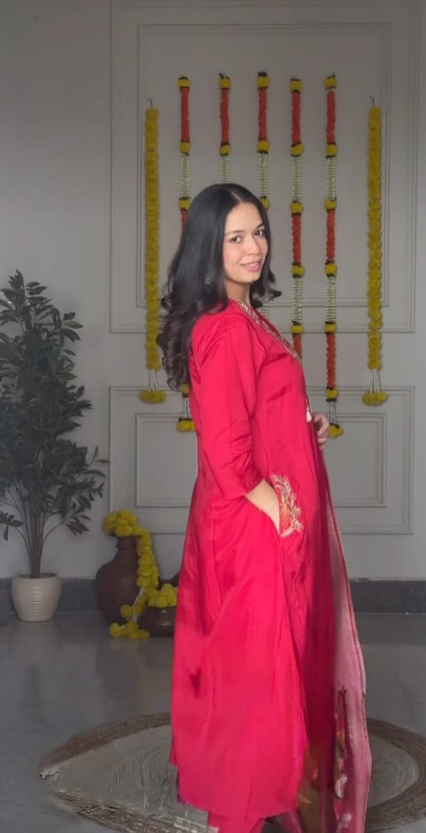 Beautiful Red Embroidered Scarlet Peacock Dola Silk Kurta Suit Set
