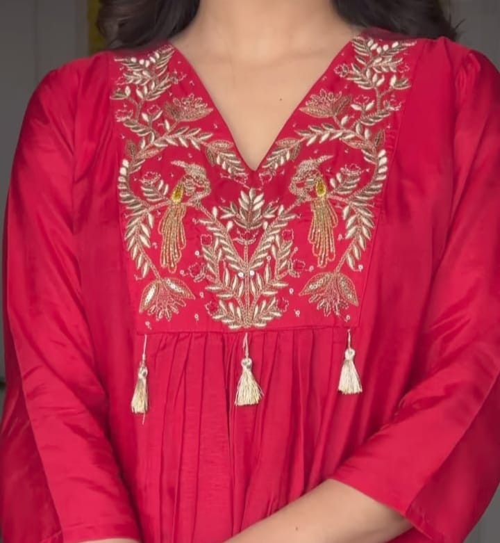 Beautiful Red Embroidered Scarlet Peacock Dola Silk Kurta Suit Set