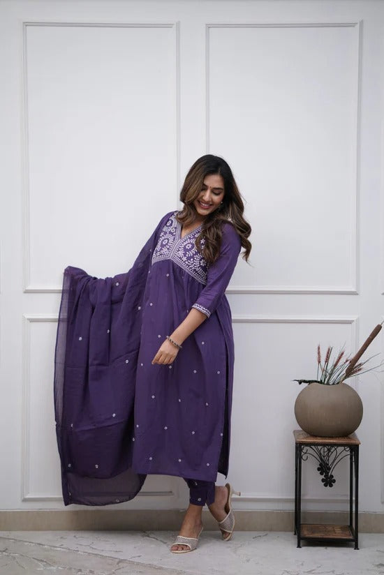 Exquisite Purple Cotton Embroidered Kurti Set