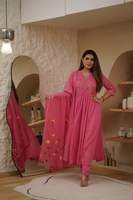 Mulmul Cotton Suit in Striking Pink( Salmon Coral)