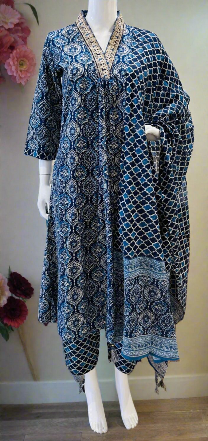 Elegant Hand Block Cotton Printed Cotton Suit in Indigo