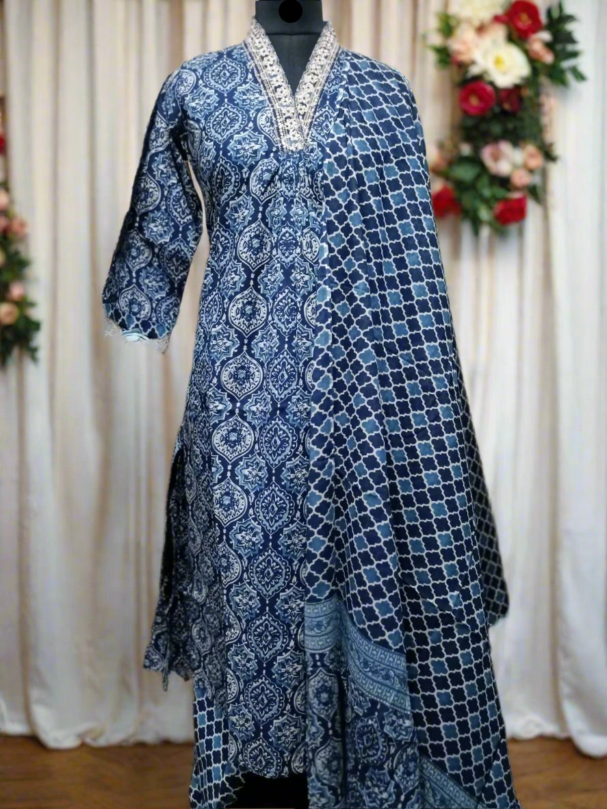Elegant Hand Block Cotton Printed Cotton Suit in Indigo