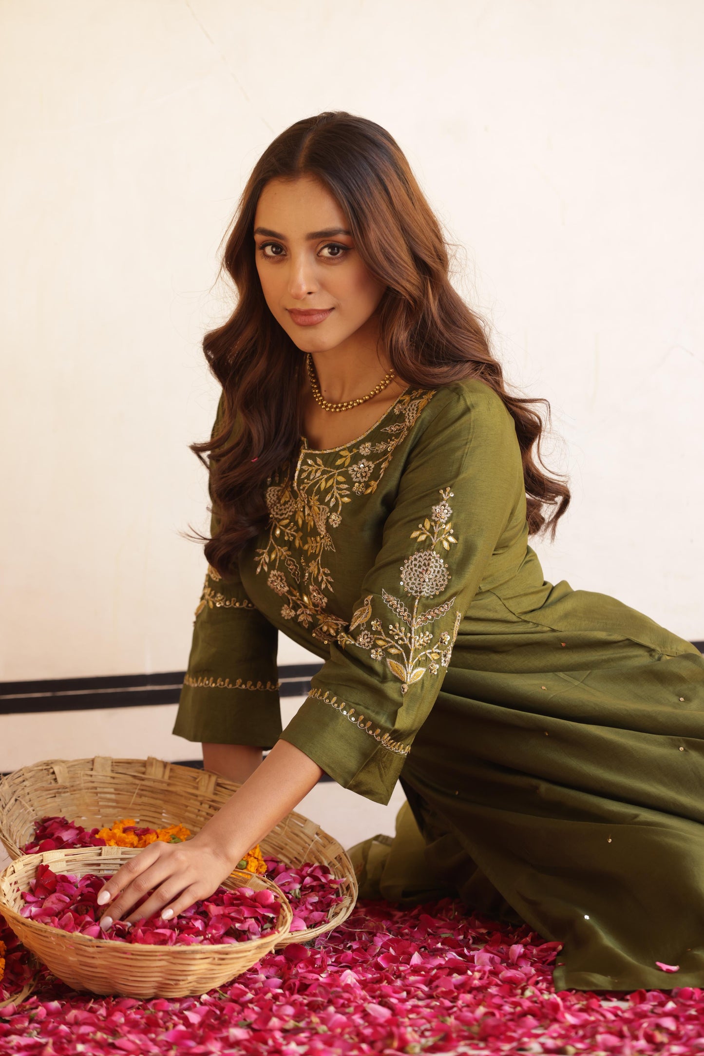 Beautiful Mehndi Green Silk Suit wIth Organza Dupatta