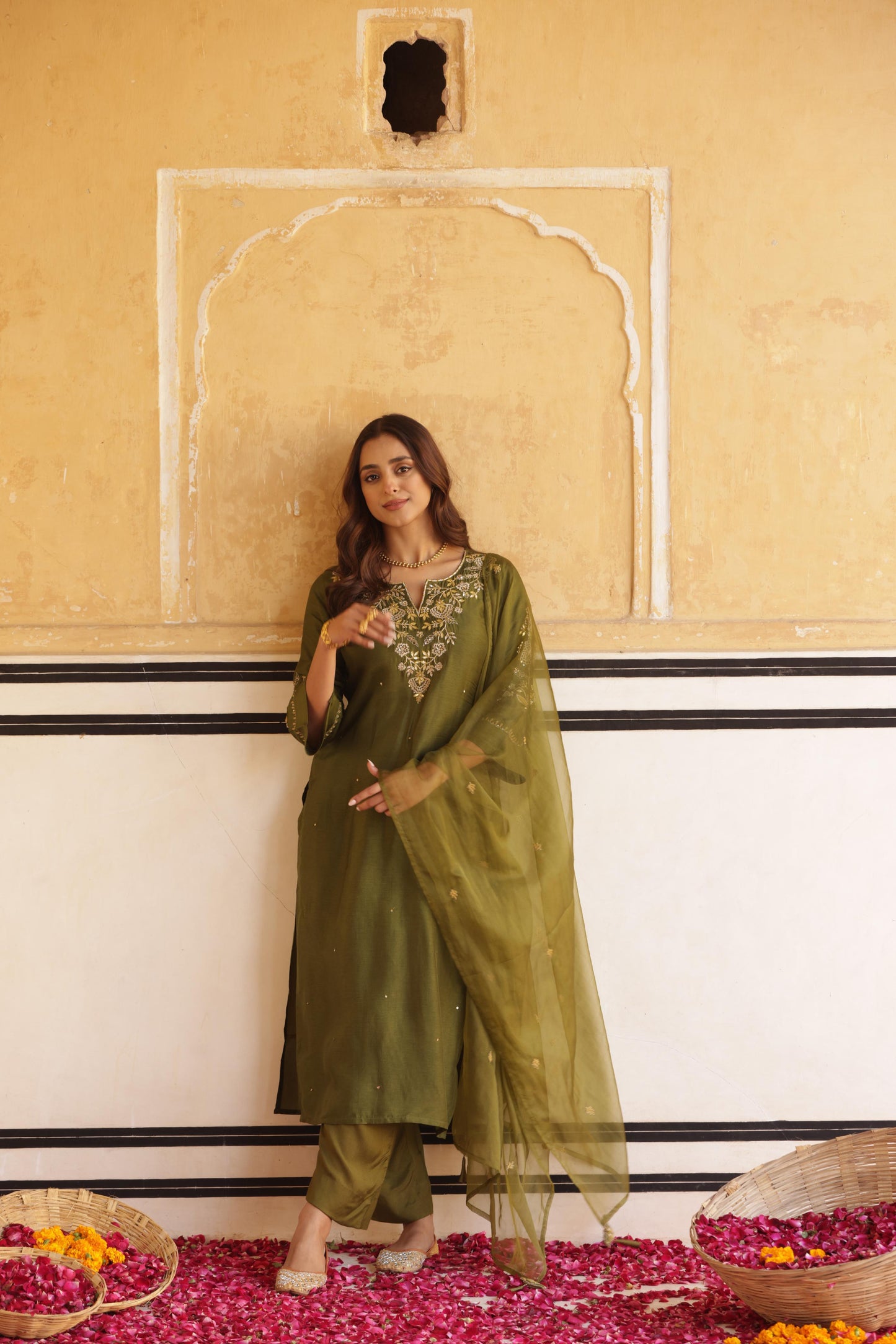 Beautiful Mehndi Green Silk Suit wIth Organza Dupatta
