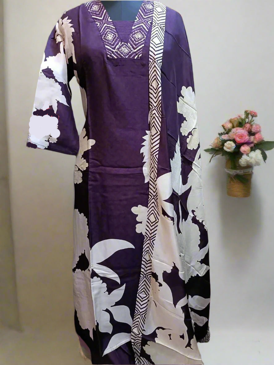 Elegant Purple Floral Printed Sequined Kurta Set
