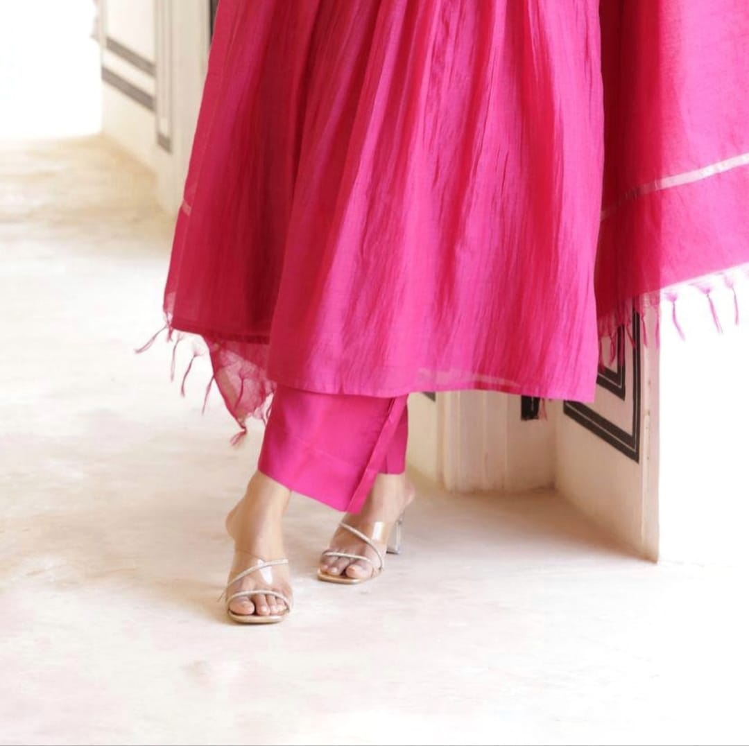 Beautiful Embroidered Mul Chanderi Suit in Royal Pink