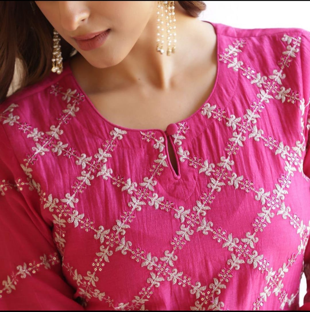 Beautiful Embroidered Mul Chanderi Suit in Royal Pink