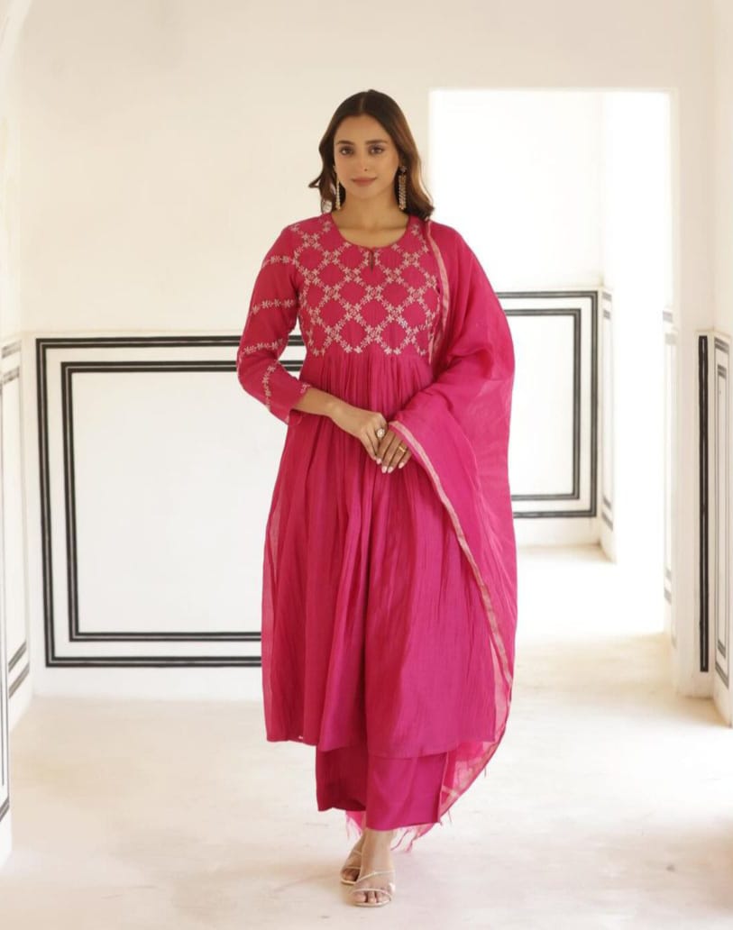 Beautiful Embroidered Mul Chanderi Suit in Royal Pink