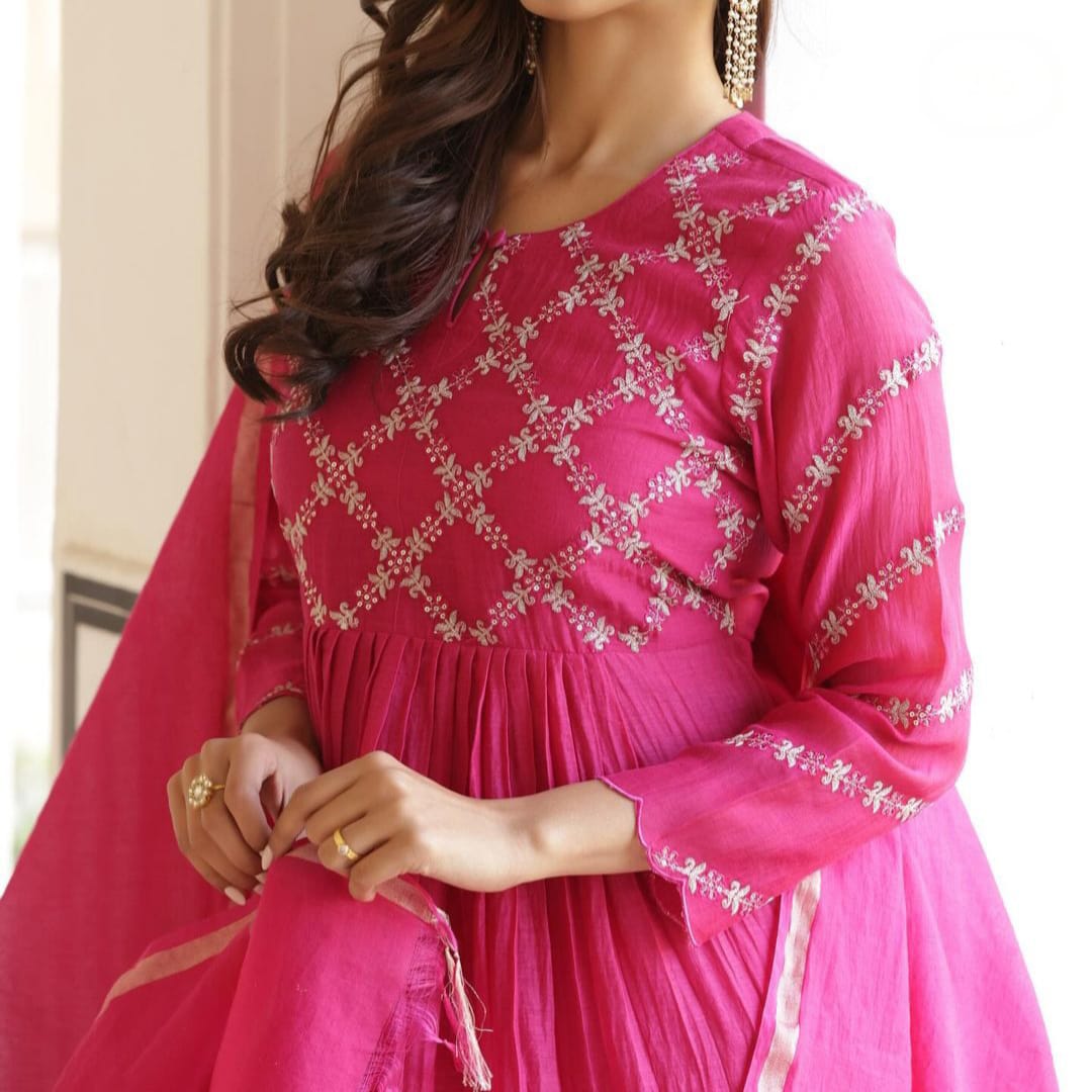 Beautiful Embroidered Mul Chanderi Suit in Royal Pink