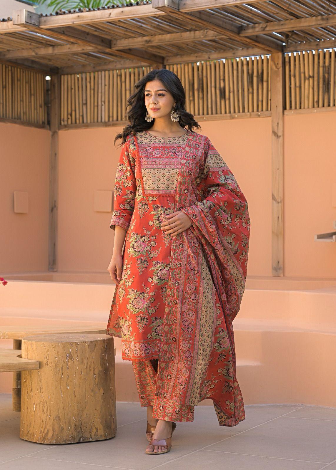 Stunning A-Line Designer Suit in Red with floral Jaal Print