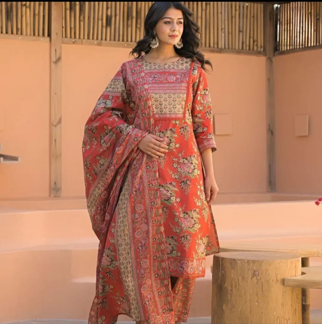 Stunning A-Line Designer Suit in Red with floral Jaal Print