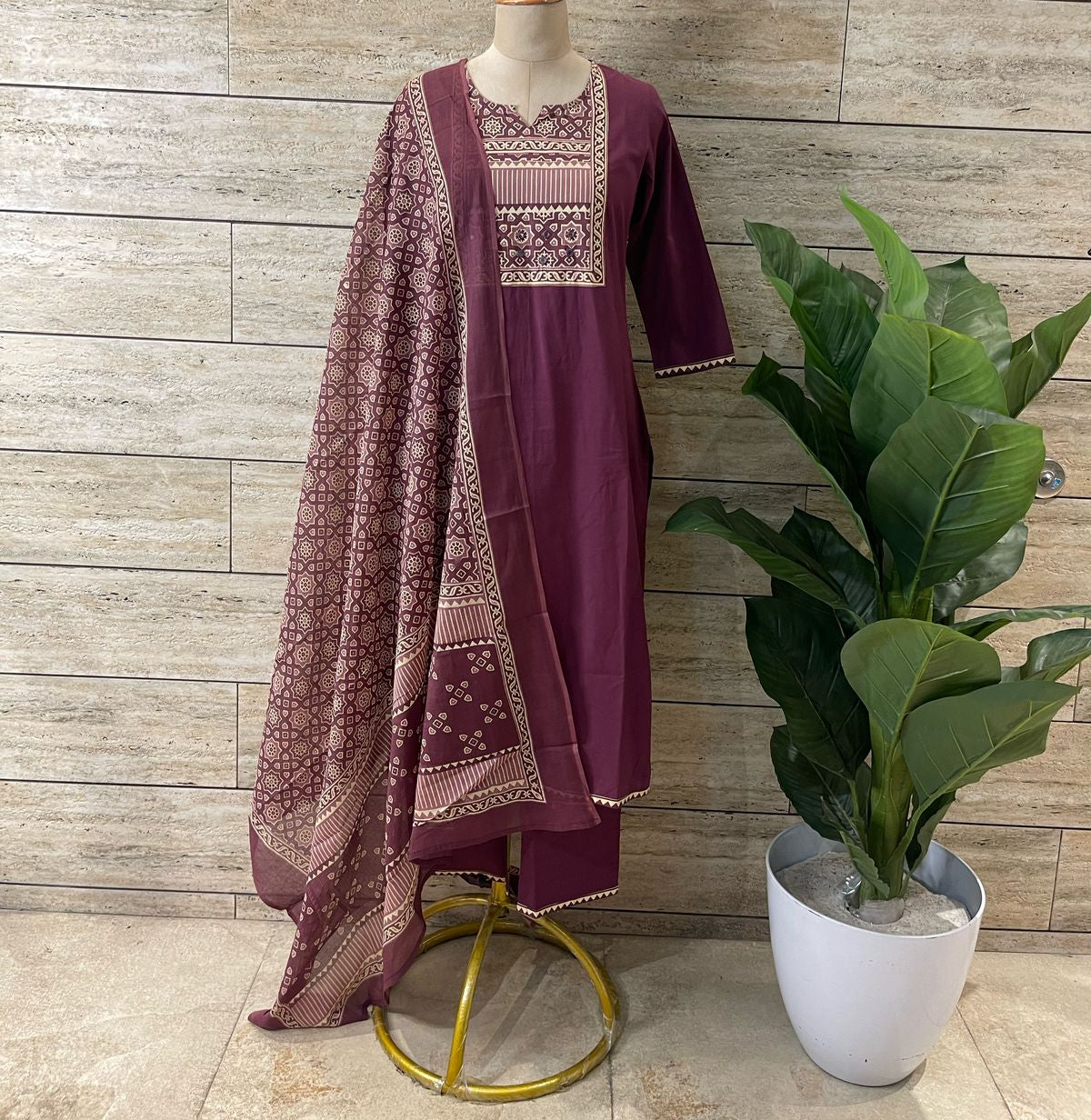Premium Cotton Suit in Wine Solid Base