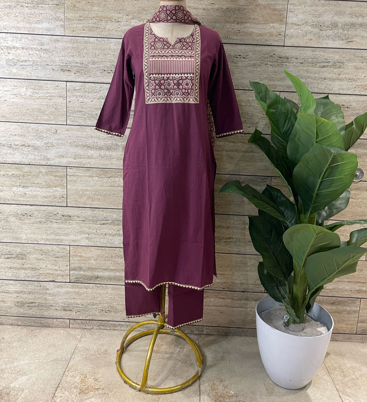 Premium Cotton Suit in Wine Solid Base