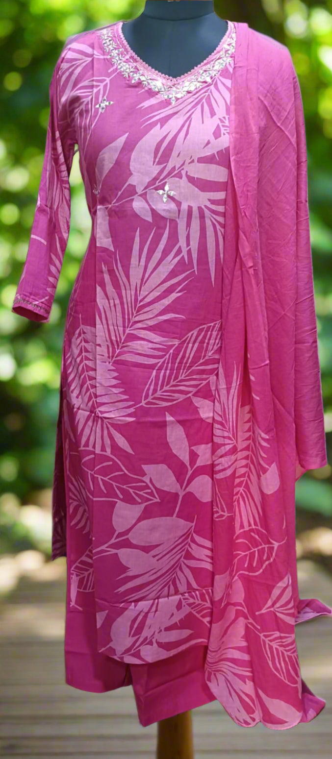 Elegant Pink Printed Suit In Luxurious Soft Cotton