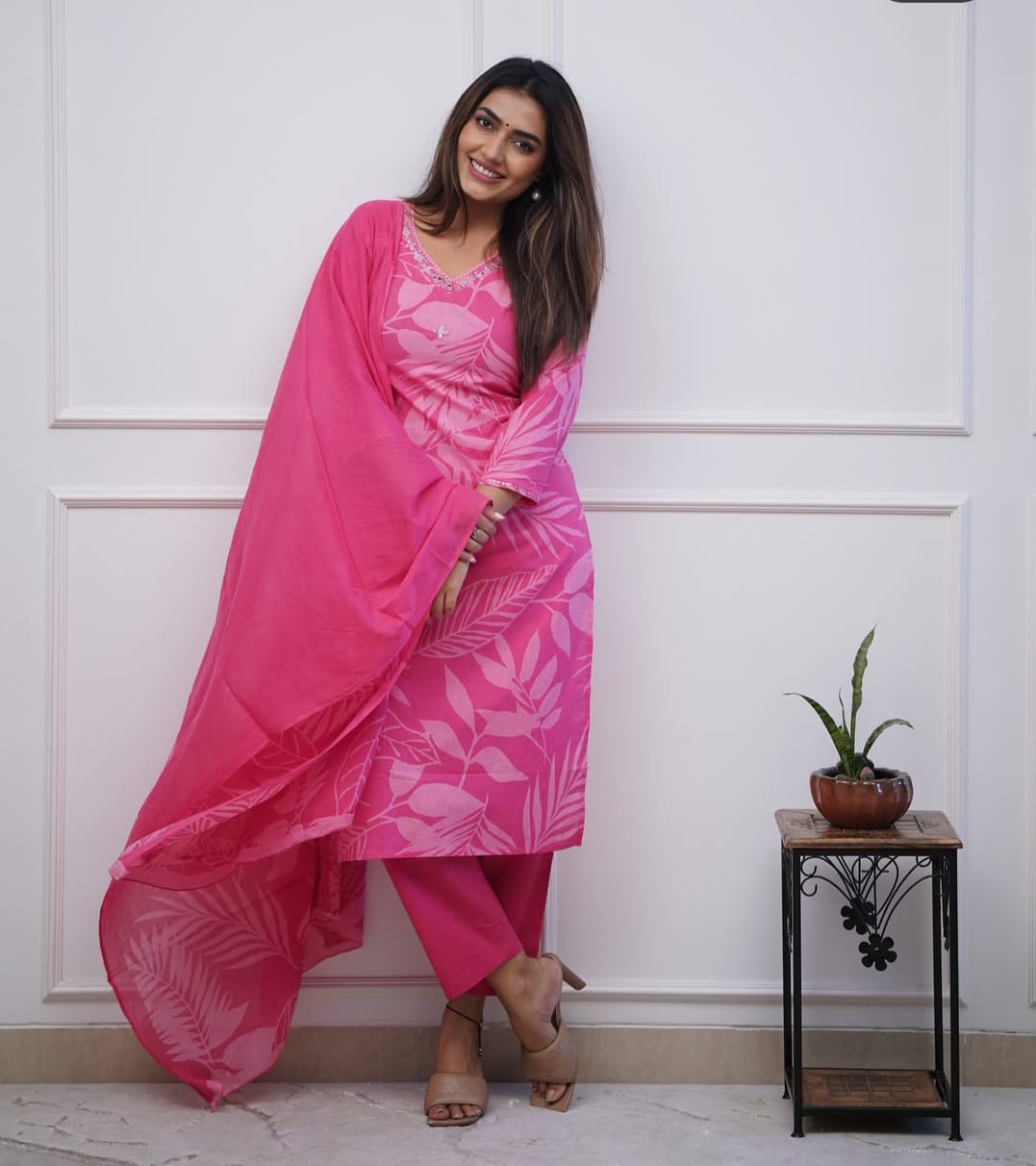 Elegant Pink Printed Suit In Luxurious Soft Cotton