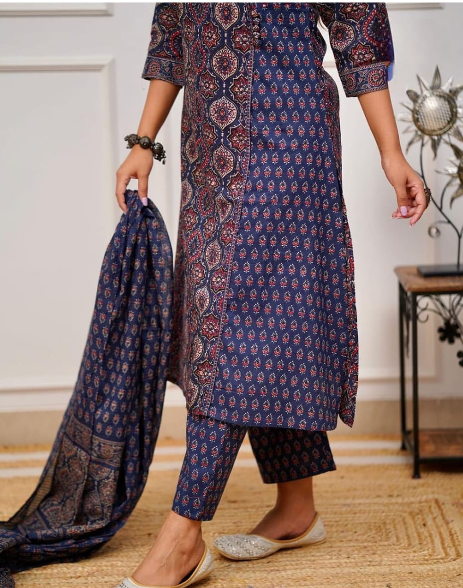 Beautiful Ajrak Handblocked Kurthi Suit In Navy Blue