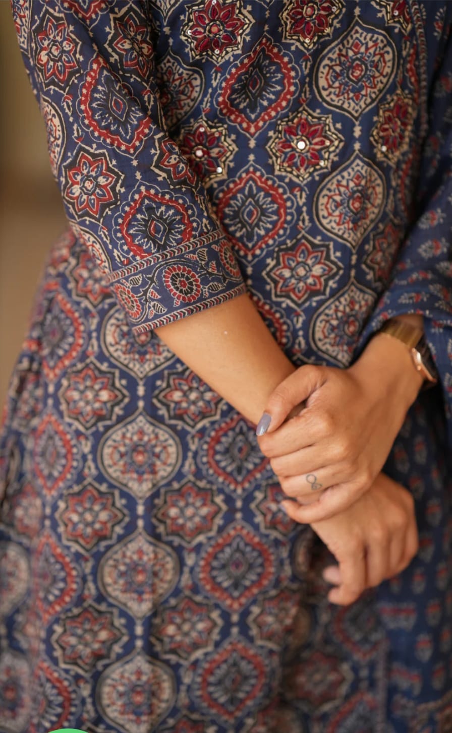 Beautiful Ajrak Handblocked Kurthi Suit In Navy Blue