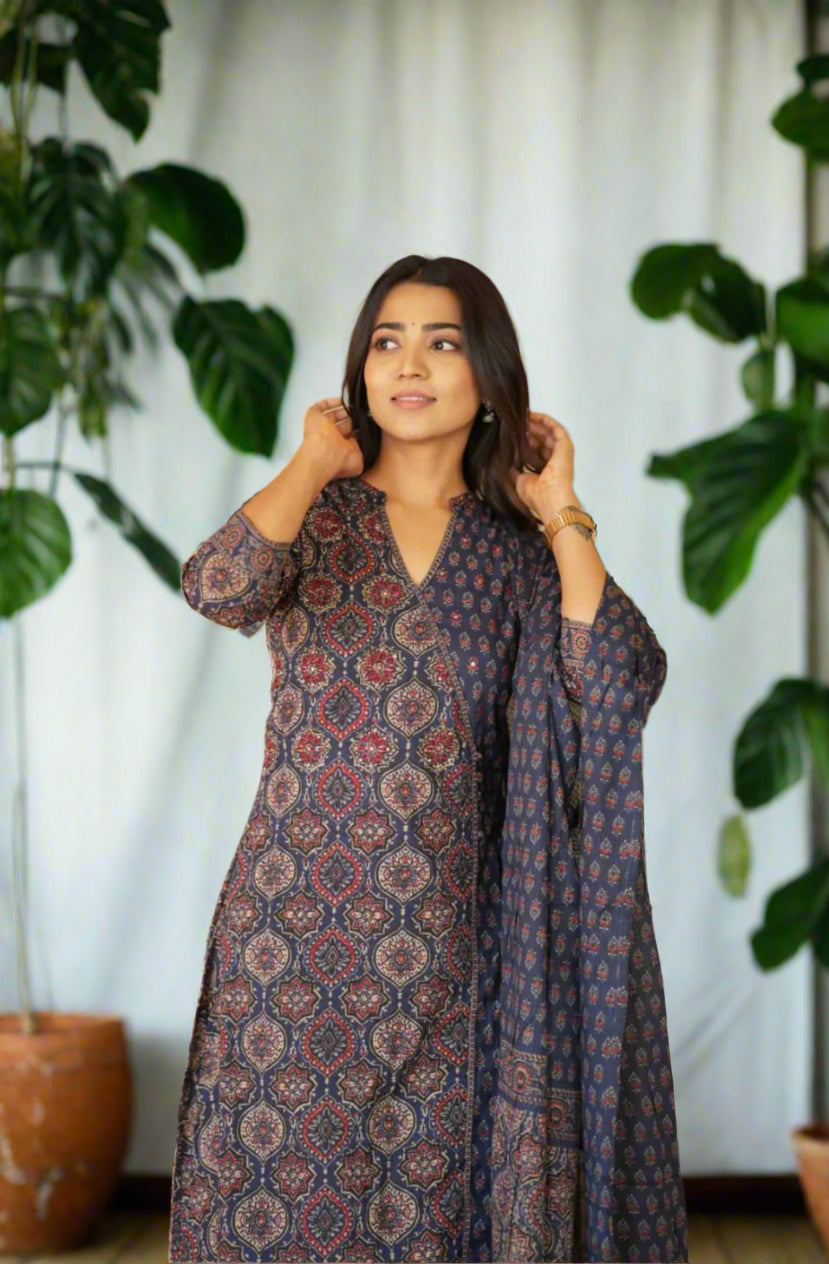 Beautiful Ajrak Handblocked Kurthi Suit In Navy Blue