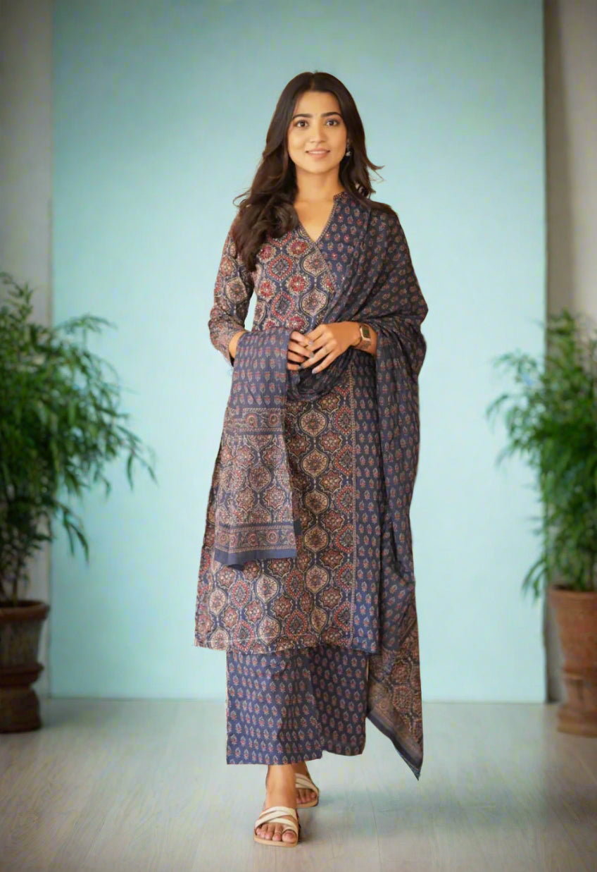 Beautiful Ajrak Handblocked Kurthi Suit In Navy Blue