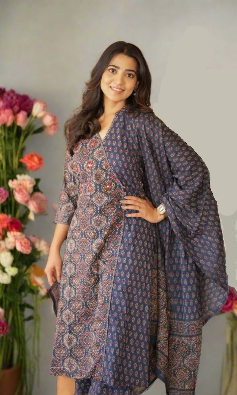 Beautiful Ajrak Handblocked Kurthi Suit In Navy Blue
