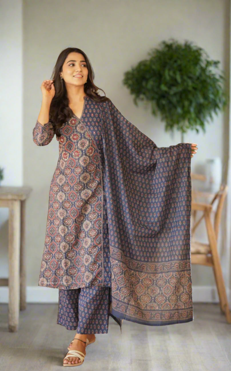 Beautiful Ajrak Handblocked Kurthi Suit In Navy Blue