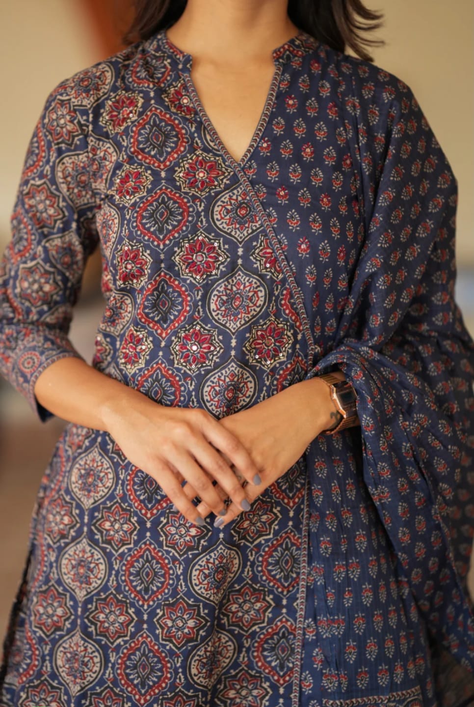 Beautiful Ajrak Handblocked Kurthi Suit In Navy Blue