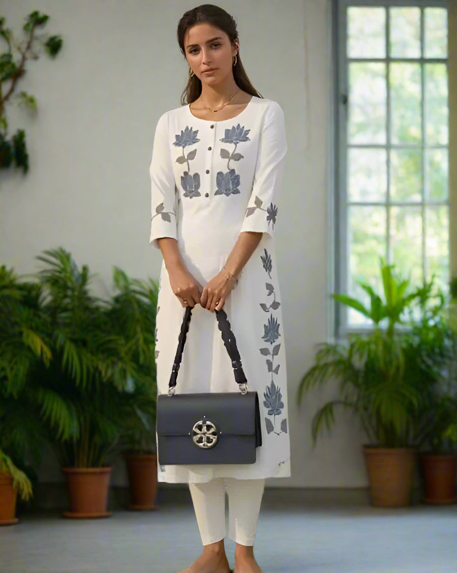 Elegant Floral Threadwork Design White Premium South Cotton Suit Set
