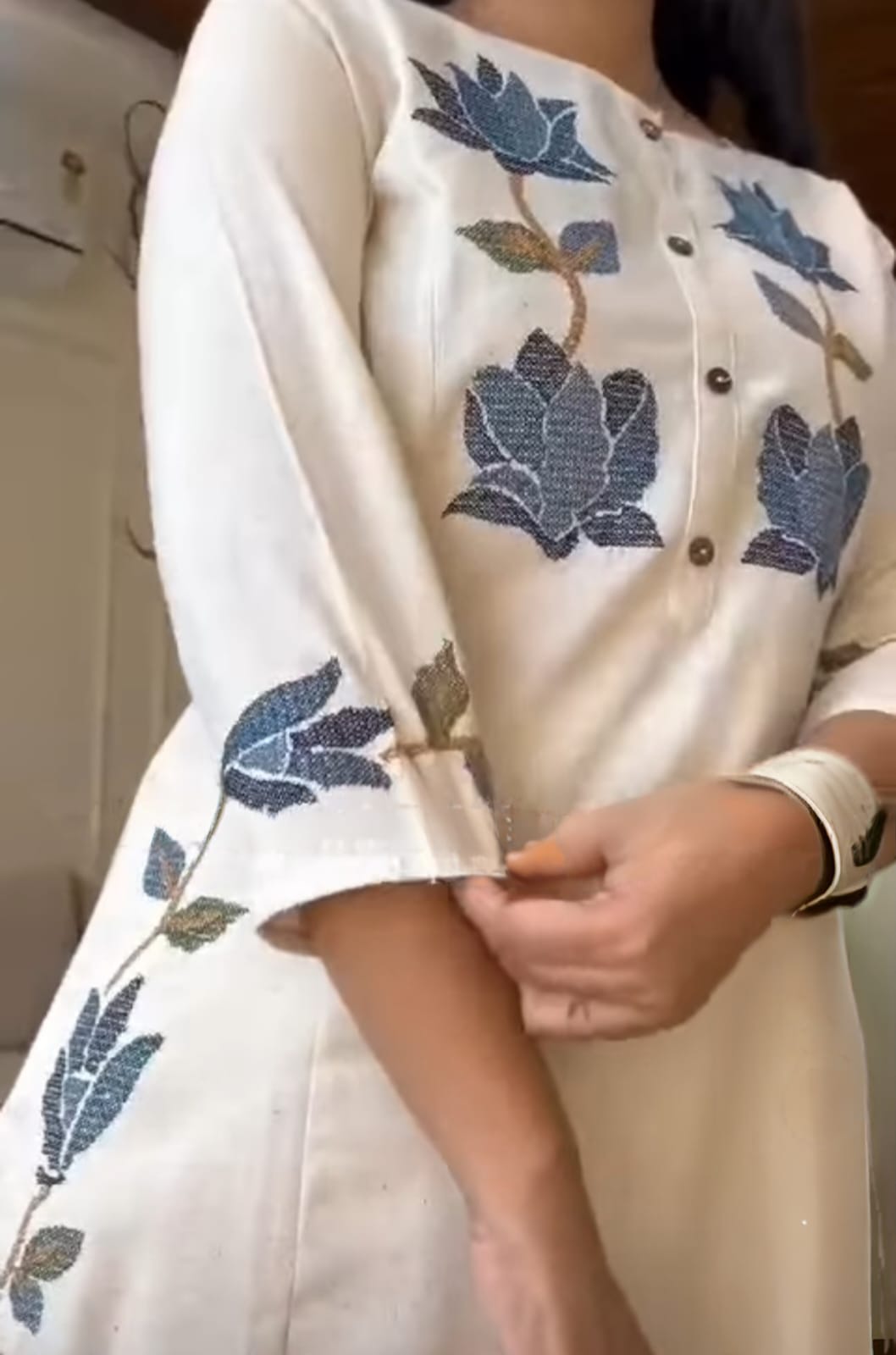 Elegant Floral Threadwork Design White Premium South Cotton Suit Set