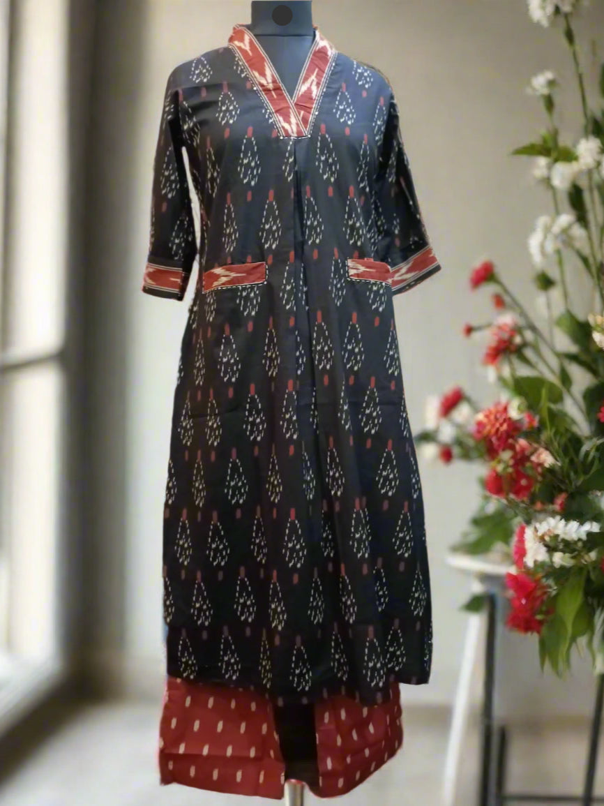 Elegant Ikat Print Kurti Set in Black