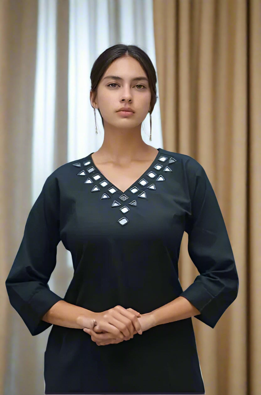 Elegant Cotton Flex Kurti Pant Set in Black With Mirror Work On The Yoke