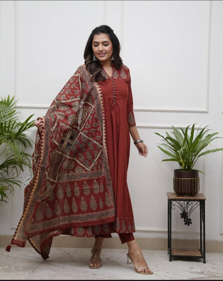 Elegant Pure Cotton Ajrakh Print Anarkali in Rust