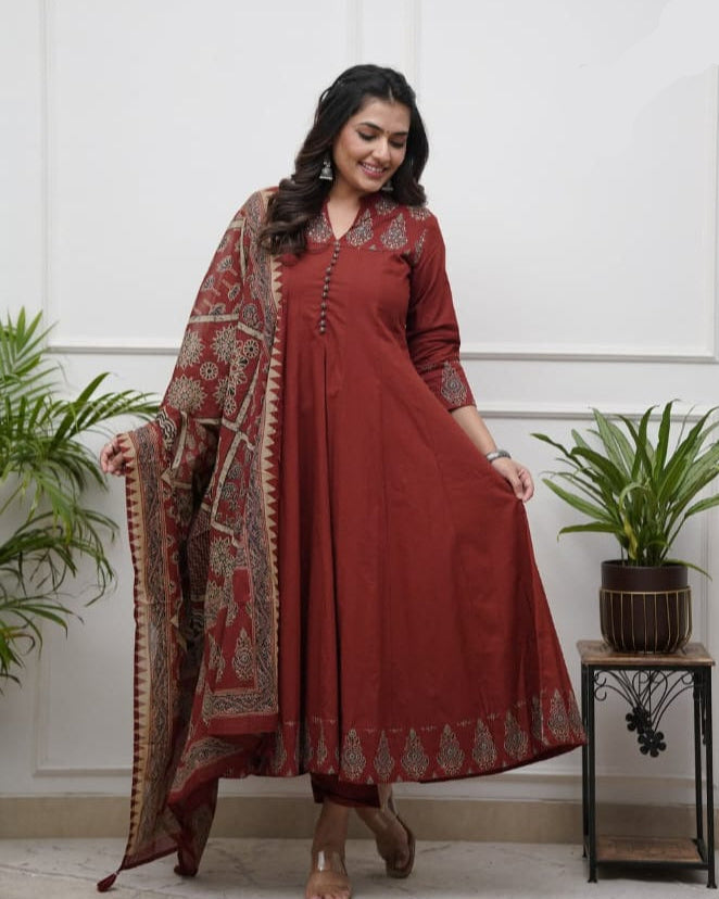 Elegant Pure Cotton Ajrakh Print Anarkali in Rust