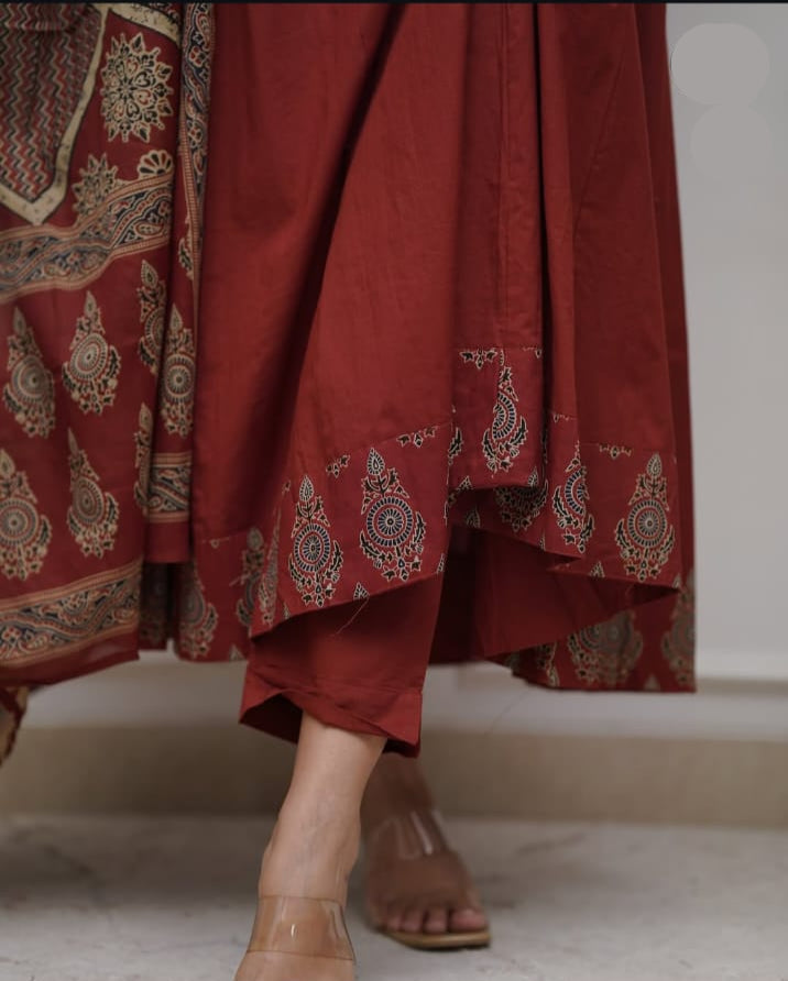 Elegant Pure Cotton Ajrakh Print Anarkali in Rust