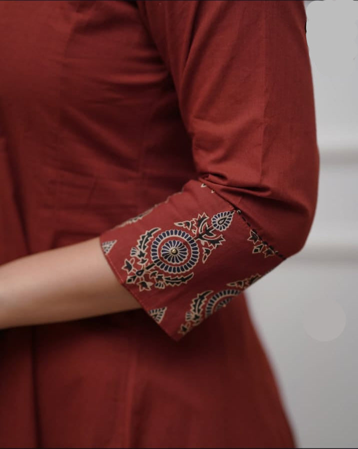 Elegant Pure Cotton Ajrakh Print Anarkali in Rust