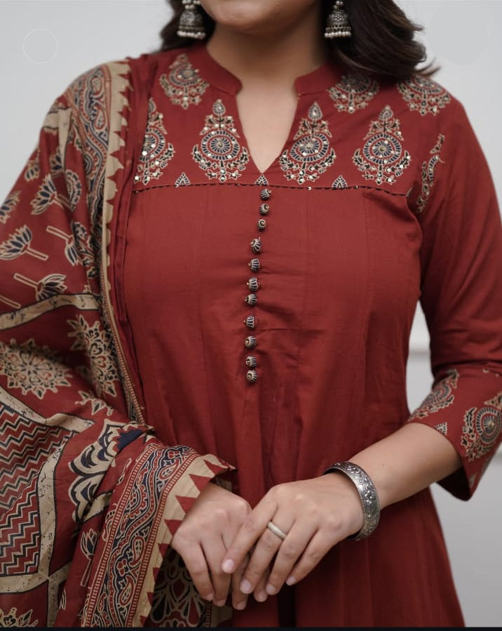 Elegant Pure Cotton Ajrakh Print Anarkali in Rust